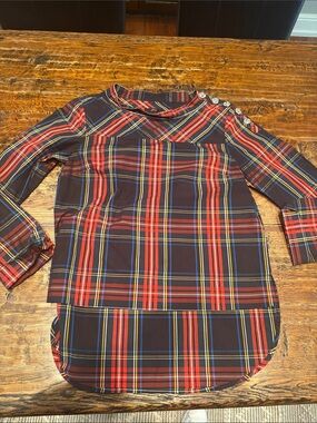 J. Crew Navy Plaid Blouse with Red and Yellow Stripes